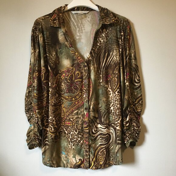 Vintage Y2K Animal Paisley Print Ruched Sleeve Button Up Top - Picture 1 of 16